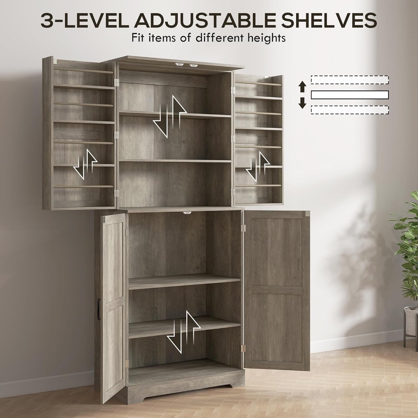 HOMCOM 72" Farmhouse Kitchen Pantry Cabinet, Freestanding Tall Storage Cabinet with 4 Barn Doors, 4 Adjustable Shelves and 8 Door Shelves, Gray Wash