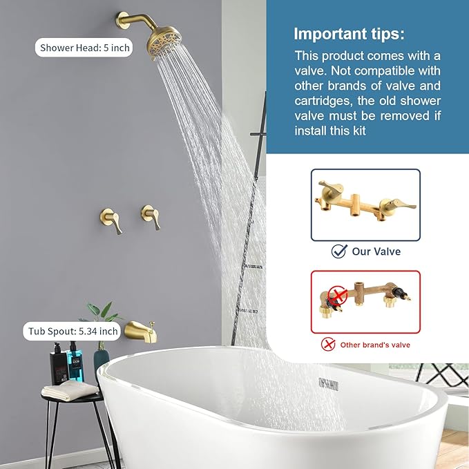 2 Handles Shower Faucet Set with Tub Spout Bathtub Shower Faucet Combo Set Shower System Complete Tub and Shower Trim Kit Wall Mounted Shower Fixtures Brushed Gold