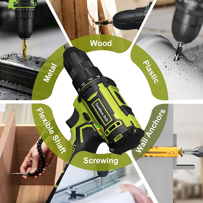 Cordless Drill Set,12V Power Drill Driver 3/8" Keyless Chuck with 42 Acessories, Built-in LED Light, 25+1 Position, Electric Drill for Home DIY Projects (Green)