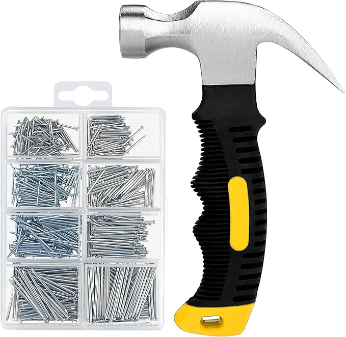 KURUI 700PCs Small Nails for Hanging Pictures & 8oz Small Hammer, Mini Hammer for Hanging Wall Decor, 280 Roofing/Wall Nails & 280 Finishing Nail, Picture Hangers Assortment Kit