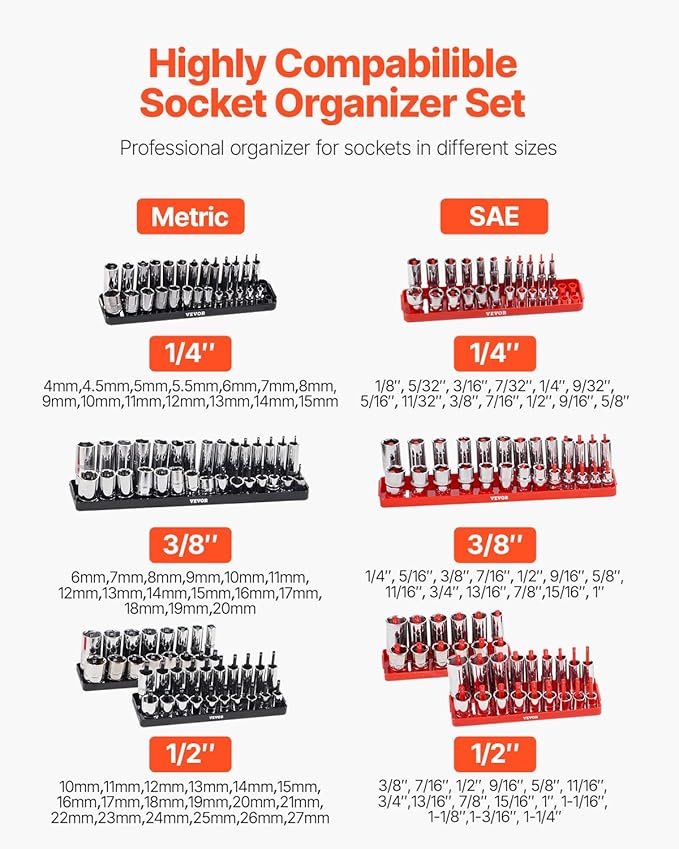 VEVOR Socket Organizer Set, 8PCS High-Rod Socket Holder, 1/4'', 3/8'' & 1/2'' Metric SAE Socket Trays with Clear Labels, Hold up to 176PCS Standard & Deep Sockets, Black & Red (Socket Not Included)