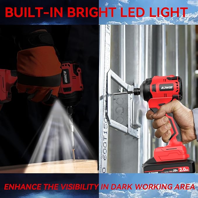NAWIN Cordless Impact Driver Kit 20V Max Torque 240Nm(177ft-lbs)High Rotation Electric Impact Driver Brushless Motor Continuously Variable Rechargeable 1/4" impact driver 2.0Ah Batteries
