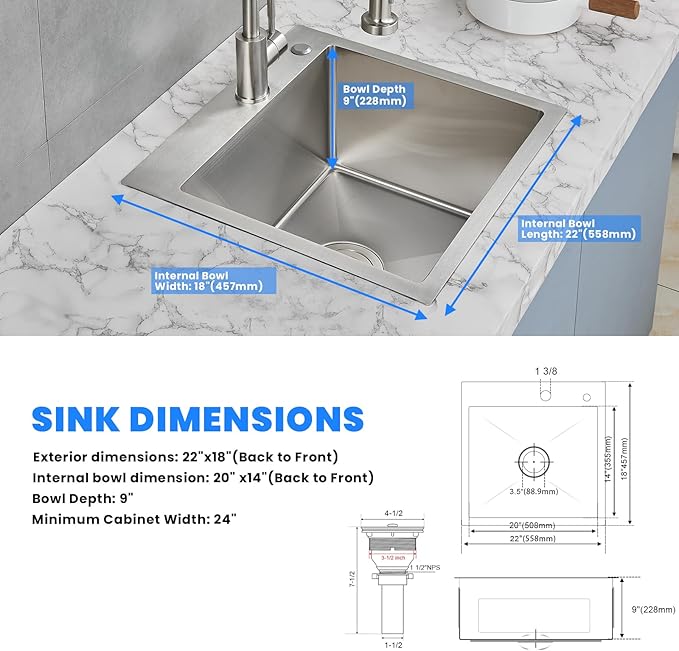 POPFLY 22” Kitchen Sink, 22 x 18 Inch Drop in 304 Stainless Steel Single Bowl Sink 2-Hole, Topmount Handmade Small Prep Bar Sink, Brushed