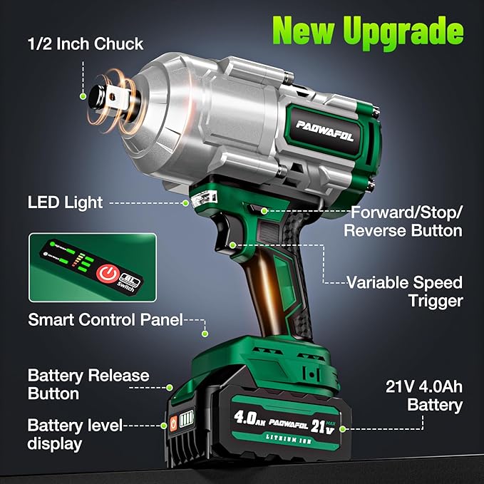 1200N.m(900ft-lbs) Cordless Impact Wrench, 1/2 Impact Socket Set, High Torque 1/2" Impact Gun With 4* CR-MO Sockets & 1* 3'' Extension Rod, 2* 21V 4.0Ah Battery, Fast Charger & Storage Case