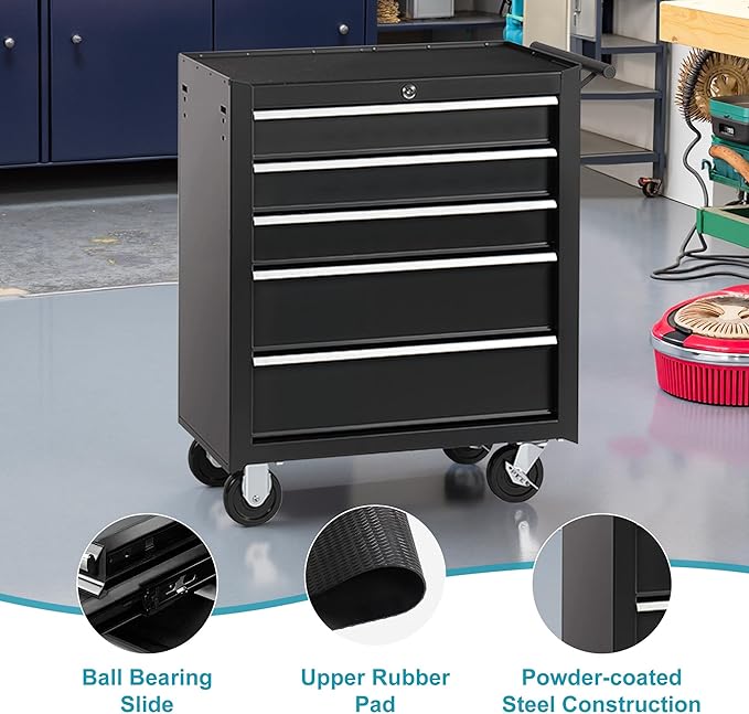 Tool Chest 5 Drawers Garage Storage Steel Frame Tool Chest with Wheels, Top Storage Rack, Rubber Mat, Side Handle for Warehouses and Workshop, Black