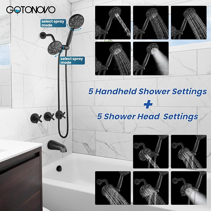 gotonovo 3 Handle Tub Shower Faucet Set, Dual Shower Head and Handle Set, Bathtub and Shower Faucet Combo,Shower System with Tub Spout,Wall Mount Tub Shower Trim Kit Matte Black