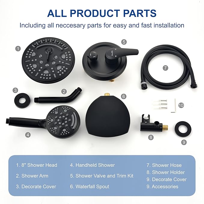 SHAMANDA Luxury Tub Shower Faucet Set with Round-in Valve, Wall Mounted Shower System with Waterfall Tub Spout and 6-Setting Rain Shower Head with 9-Setting Handheld, Matte Black, L8083-7