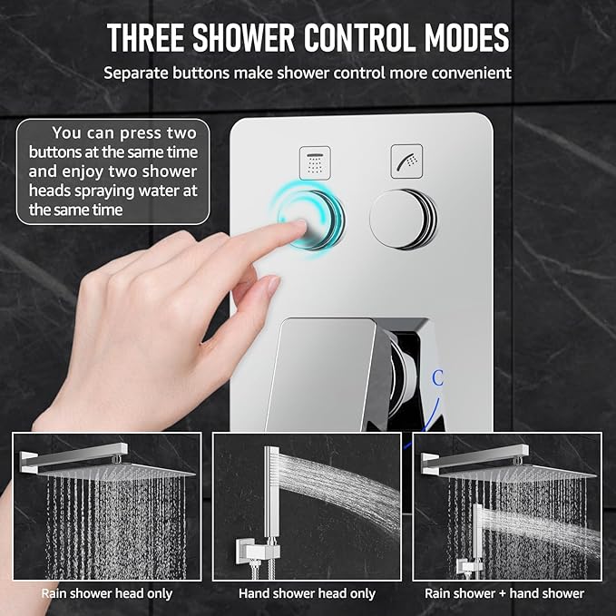 Iriber Chrome Shower System Wall Mount with 12 Inch Rain Shower Head and Handheld Bathroom Shower Set Contain Shower Faucet Mixer Valve Trim Kit (Valve Included)