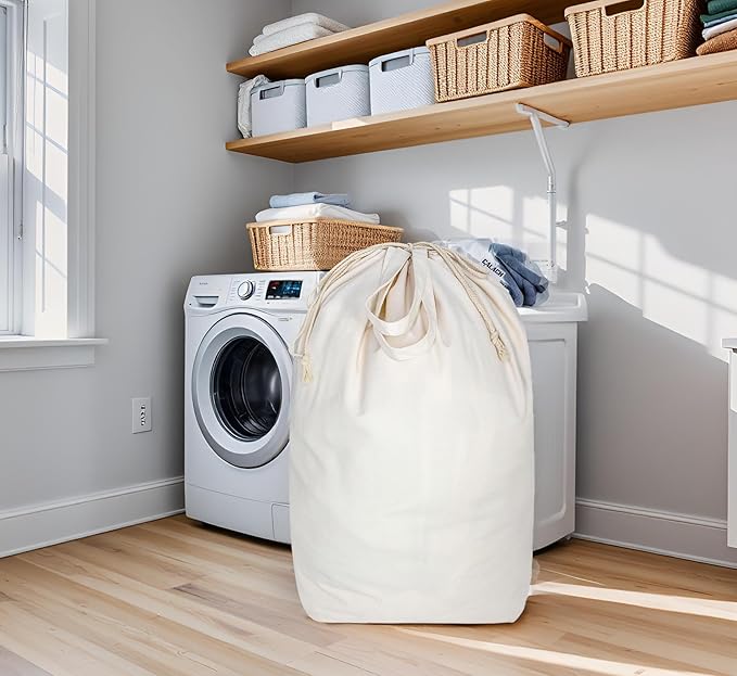 Canvas Laundry Bags with Handles & Square Base 13.8"x 13.8", Large Heavy Duty Laundry Basket Hamper Liner, College Dorm Washable Drawstring Cotton Dirty Clothes Bag (Beige,1 Pack)