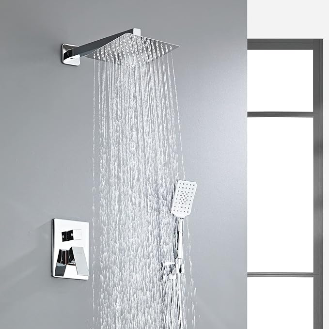 Bathroom Shower System 8 Inch Rain Shower Head and Handheld Wall Mounted, High Pressure Rainfall Dual Shower Combo Set with Valve and trim, Luxury Rain Mixer Brushed Silver Shower Faucet