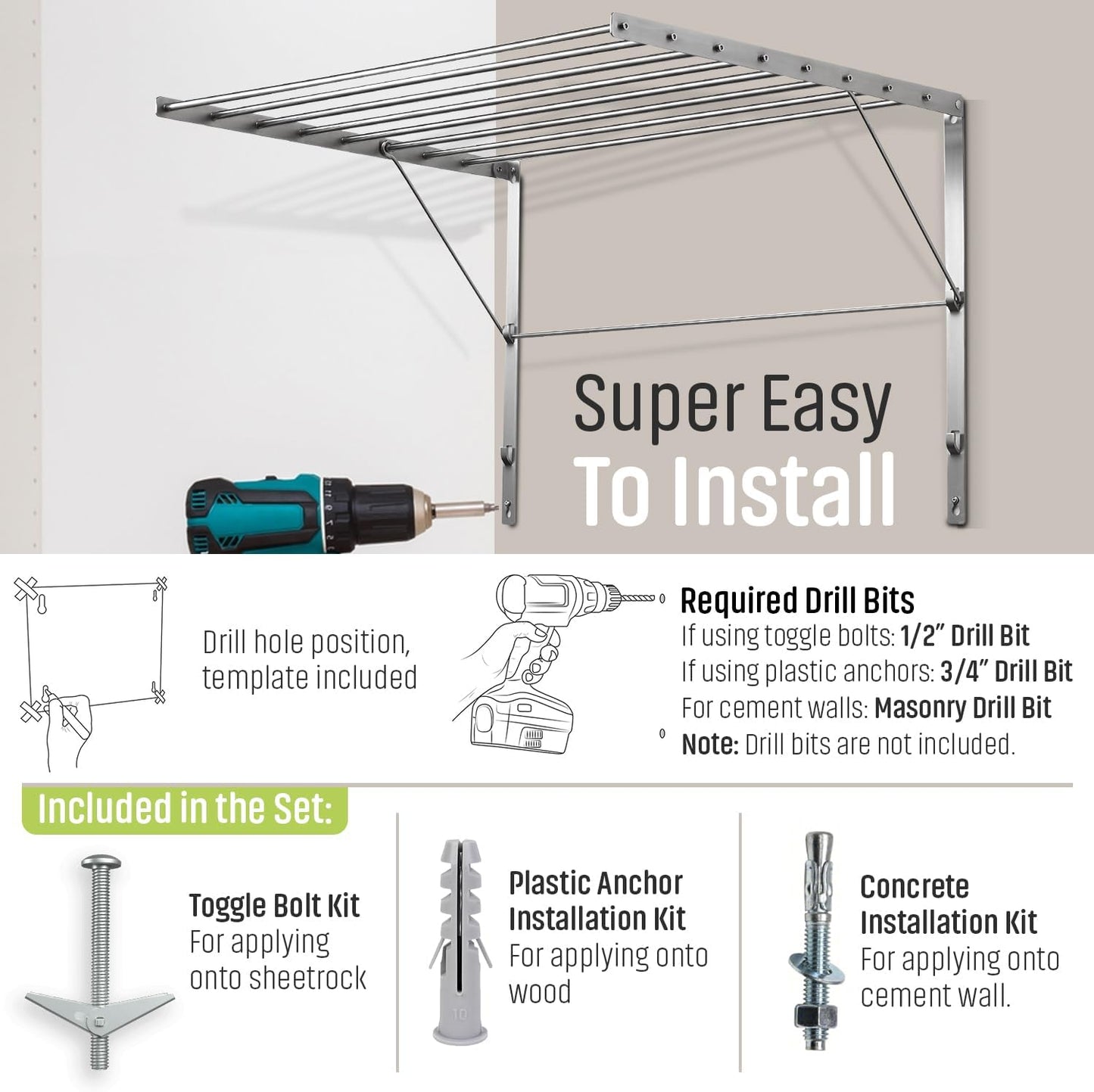 Smartsome | Wall Mounted | Clothes Drying Rack| 22" Wide |15 Linear Feet Capacity | 8 Smooth Round Stainless Steel Rods | 60 lb Capacity | Fully Assembled | Compact Sturdy Space-Saving Design