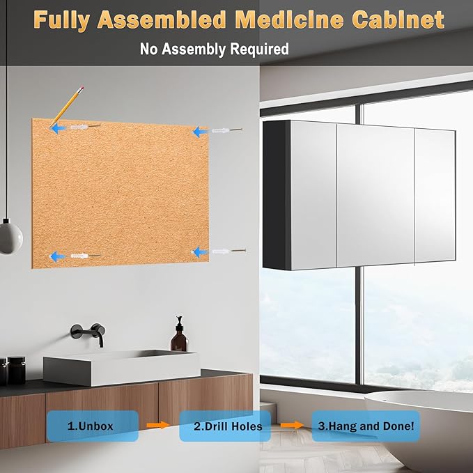 23.6 x 39.4 inch Bathroom Medicine Cabinet with Mirror, Black Metal Framed Mirror Medicine Cabinet with Storage, Pre-Assemble Medicine Cabinets for Bathroom, Recessed or Surface Mount