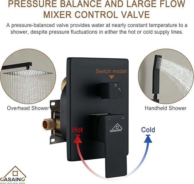 CASAINC Rainfall Shower Head Combo Set 10 Inches Bathroom Luxury Rain Shower Head with Handheld Spray Wall Mounted Shower Faucet Set with Valve and Trim (Matte Black)