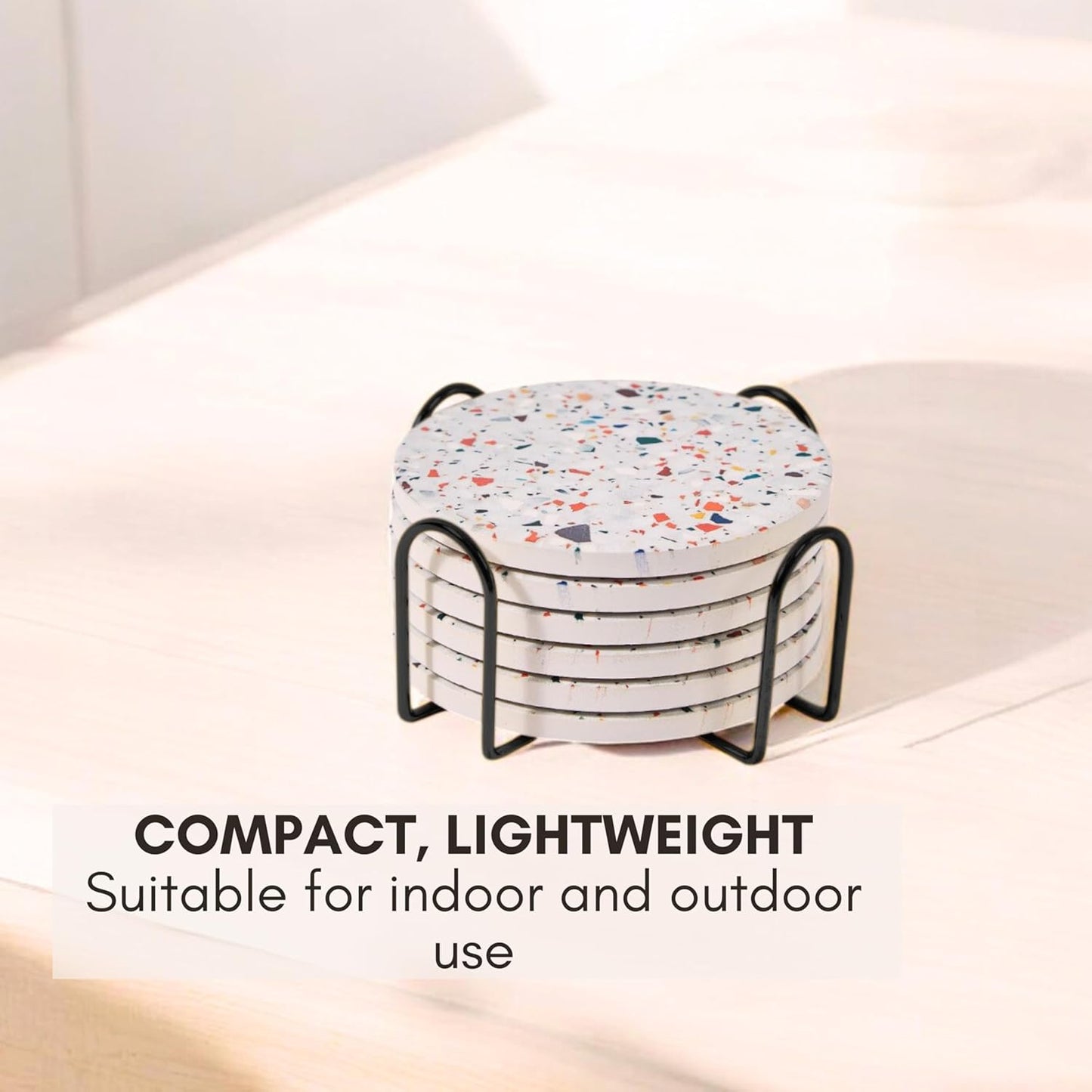 Absorbent Coaster Set of 6 with Holder, Drink Coasters for Coffee Table, Kitchen, Home Decor, Cute Ceramic Round Coasters, Alternative to Silicone, Cork or Glass Coaster (Marble with Black Holder)