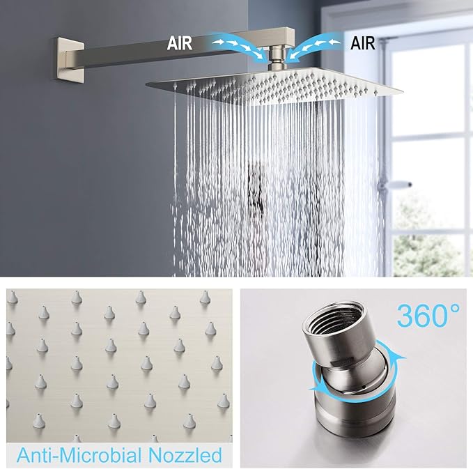 SunCleanse Shower System Rainfall Shower Faucets Set Brushed Nickel, 8 Inch Wall Mounted Rain Shower Head with Handheld Spray Shower Valve and Trim Included