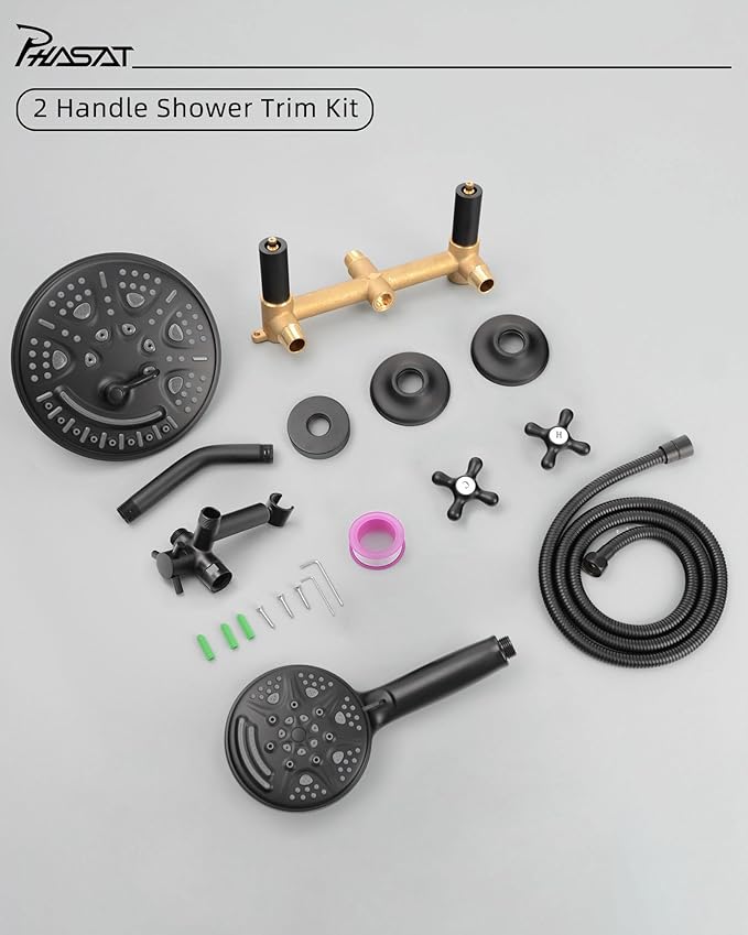 PHASAT 2 Handle Shower Faucet With Handheld Shower Head,Dual 2 in 1 Showerhead Kit,Shower Head & Handheld Spray Shower Combo Set,Tub and Shower Trim Kit With Rough-in Valve,Matte Black,PU4H08
