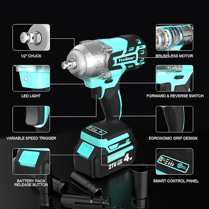 Cordless Impact Wrench Impact Driver Kit 1/2 Impact Gun 21V Brushless High Speed Torque 445 Ft-lbs Impact Drill, Electric Socket Wrenches 4.0Ah Battery Powered Half Inch Craftsman Power Tool Set