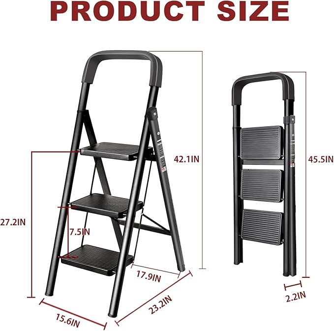 3 Step Ladder with Anti-Slip and Wide Pedal 220 lbs Capacity Folding Step Ladder for Household Kitchen Office(F-Black, 3-Step with Handrail)