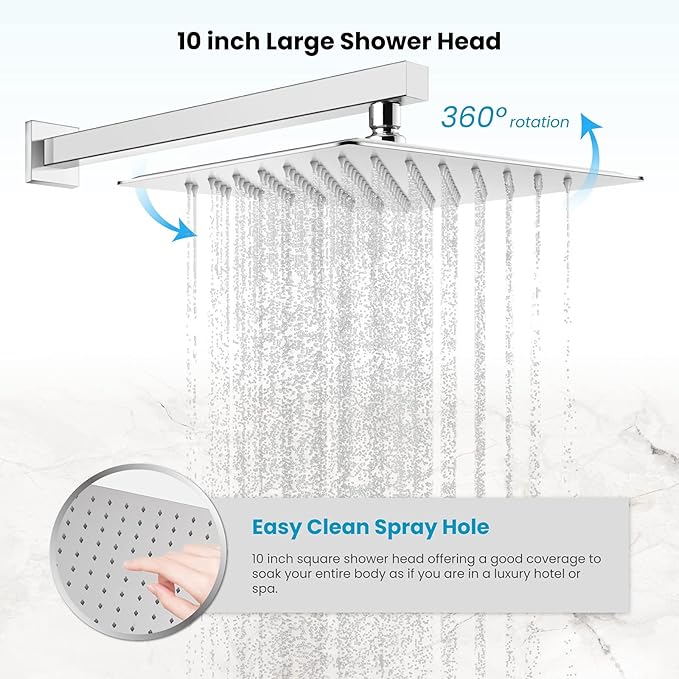 gotonovo Rainfall Tub Shower Faucet Set Bathroom Shower System with Tub Spout Wall Mount Square High Pressure Shower Fixtures with Handheld Sprayer Rough-In Valve 10'' Shower Head,Polished Chrome