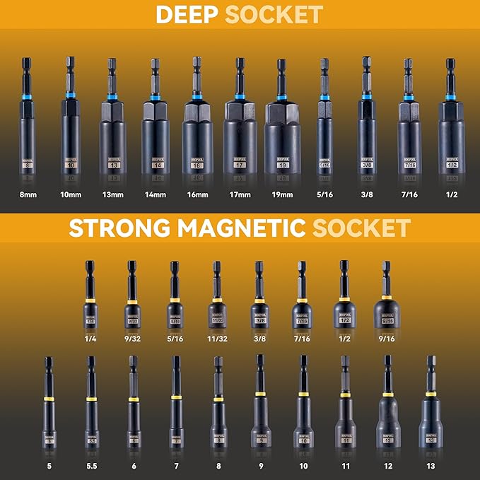 Impact Magnetic Nut Driver Set, 55PCS Impact Driver Bit Set, Deep Magnetic Nut Driver Set, Impact Socket Adapters, Wing Nut Driver, Bit Extension, 1/4'' Quick Change, Storage Box
