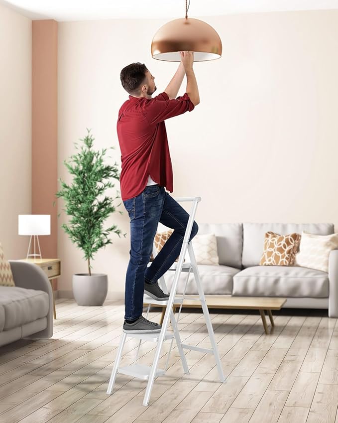 GORWARE 4 Step Ladder, Foldable Step Stools 330lbs Lightweight Sturdy Steel Ladder, Portable Folding Stepladder for Home Kitchen Office Garden, White