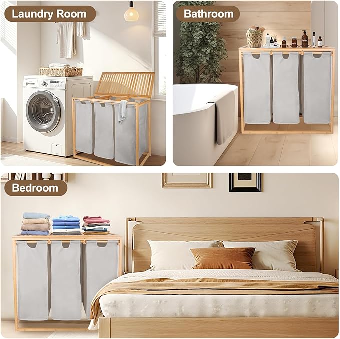 Bamboo Laundry Hamper 3 Section with Lid, 150 L Laundry Sorter with Pull-Out Removable Washable Bags, 3 × 12.5 Gal Divided Laundry Baskets for Laundry Room, Bathroom (Gray)