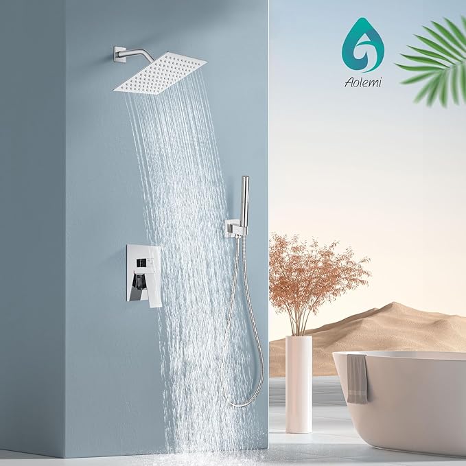 Aolemi Shower System with Rainfall Shower Head and Handheld Wall Mount,High Pressure Shower Faucet Set Fixture Combo with 2 in 1 Handheld Spray Rough-in Valve,8 Inch Shower Head Polish Chrome