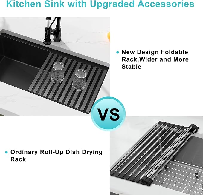Black Undermount Kitchen Sink,16 Gauge Stainless Steel Sinks,Single Bowl Workstation Sink,Modern Kitchen Sink Offset Drain (30" X 18")