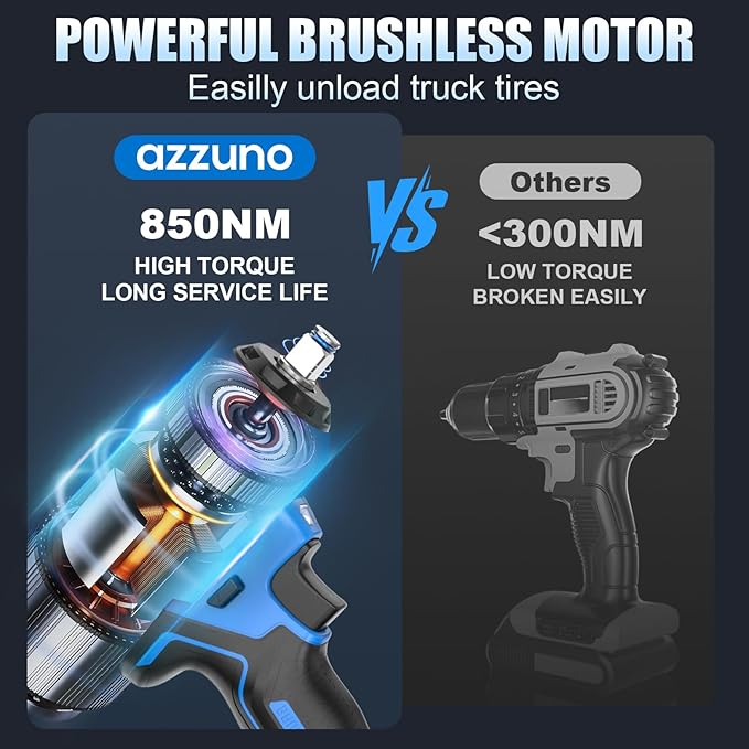 AZZUNO Impact Wrench Max 737 Ft-lbs(1000N.m) 1/2 inch Brushless High Torque Electric Impact Wrench, Powerful Cordless Impact Driver with 2x4Ah Batteries, 4 Sockets and Charger for Home Car Truck Tire