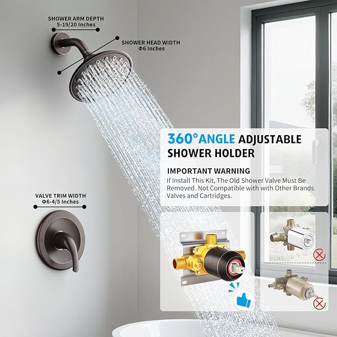 EMBATHER Shower Faucet Set, Single Handle Control Shower Valve and Trim Kit, Shower Faucets Sets Complete with 6 Inch Rain Shower Head, Oil Rubbed Bronze