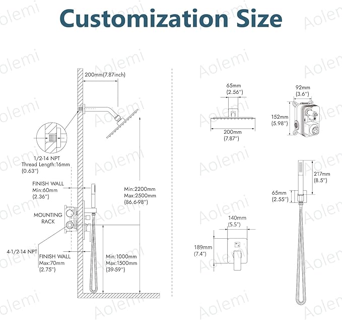 Aolemi Shower System with Rainfall Shower Head and Handheld Wall Mount,High Pressure Shower Faucet Set Fixture Combo with 2 in 1 Handheld Spray Rough-in Valve,8 Inch Shower Head Brushed Gold