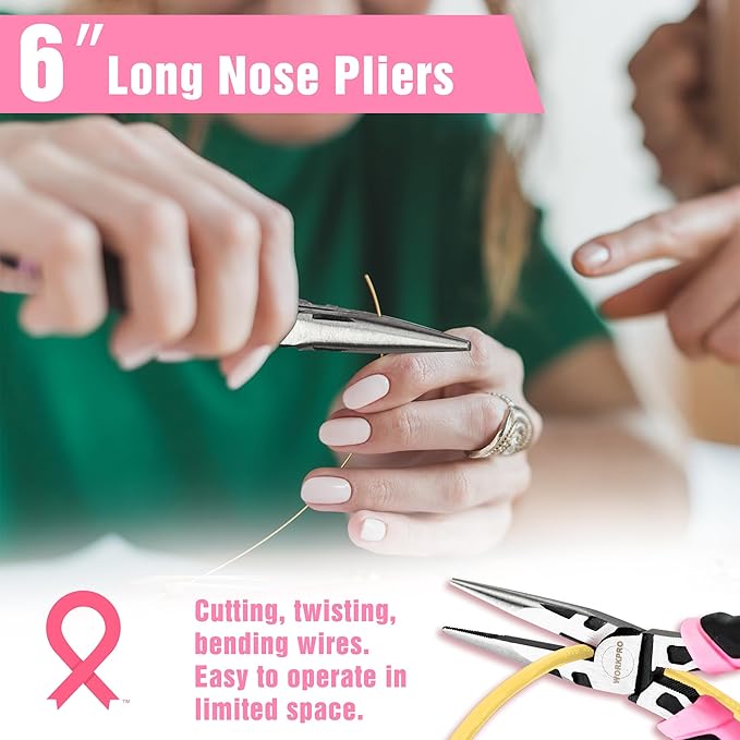 WORKPRO 3-Piece Pliers Set, Pink Tool Set Including Needle Nose & Diagonal Cutting & Slip Joint Pliers for Plumbing, Automotive and General Applications - Pink Ribbon