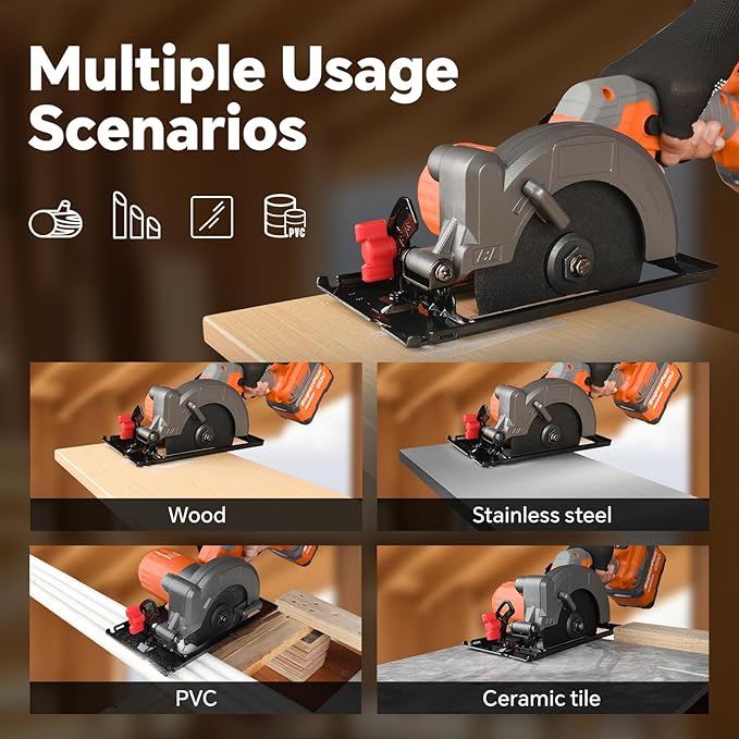 20V 6.0Ah Cordless Mini Circular Saw, 6700RPM, 4-1/2" Blade, 2 Batteries Included,2 Blades, Max Cutting Depth 1-11/16"(90°),1-3/16"(45°), Ideal for Wood/Metal/Plastic/Ceramic Tiles