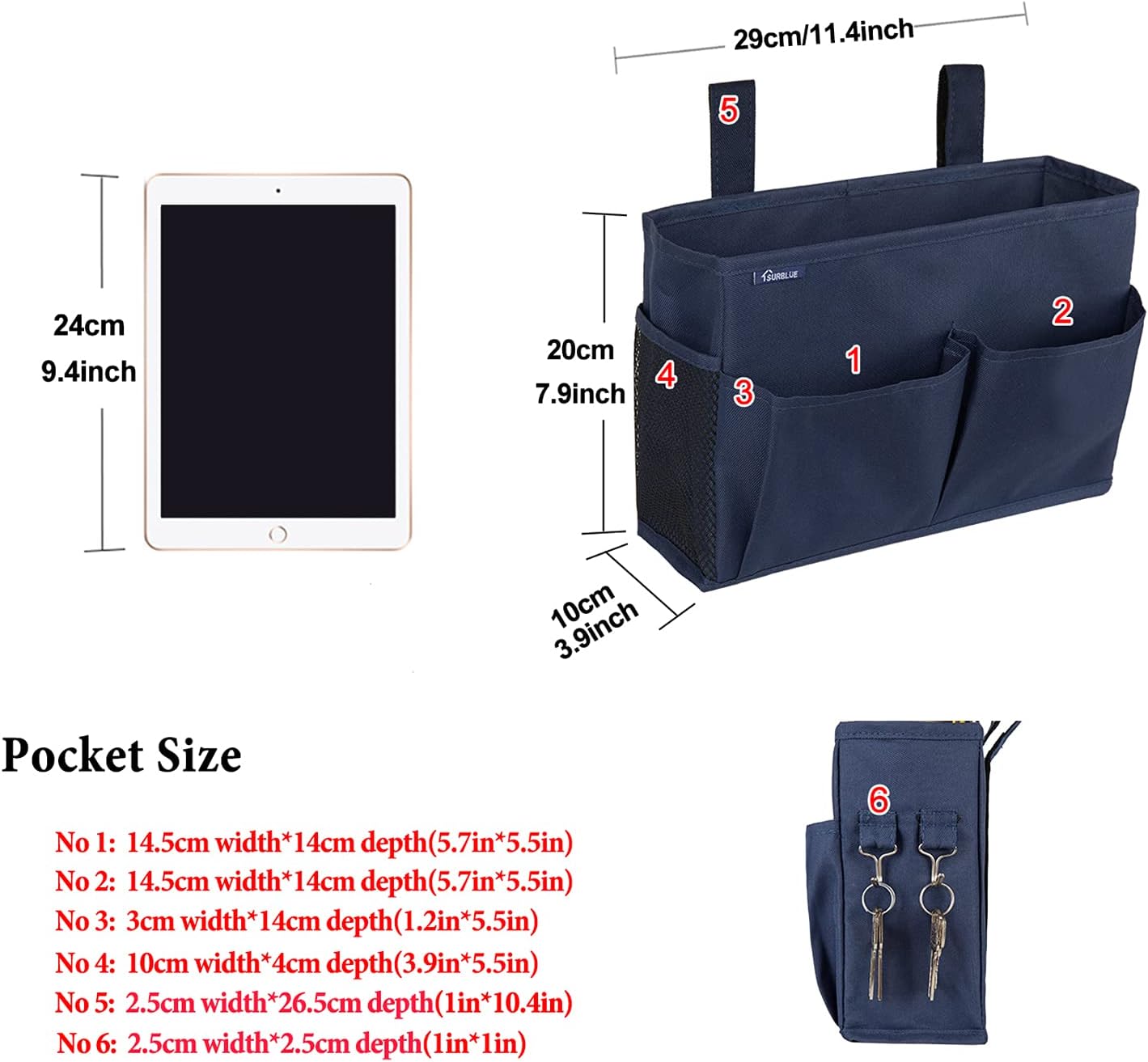Surblue Bedside Caddy Hanging Organizer Storage Bag Pocket for Bunk, Hospital, College Dorm Rooms, Baby Bed Rails, Camp - 4 Pockets, 2 Hooks (Blue)