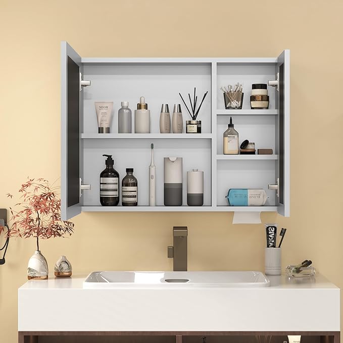36x28 Medicine Cabinet with Light, AL Alloy Frame, Full-Assembled Bathroom Mirror Cabinet with Brightness Adjustable and Storage, Led Medicine Cabinet Mirrored with Recessed or Wall Mount, Sliver