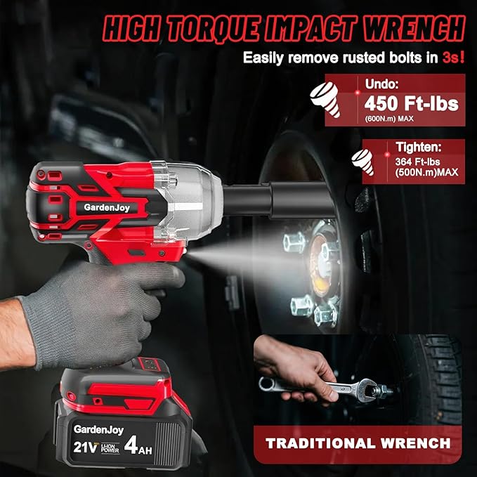 Cordless Impact Wrench 1/2 Inch, 21V Max Brushless, 450 Ft-lbs (600N.m) Max Torque, 3-Speed, w/ 4.0Ah Battery & Quick Charger, 6Pcs Impact Sockets - for Automotive Repair, Tire Changing, Home DIY