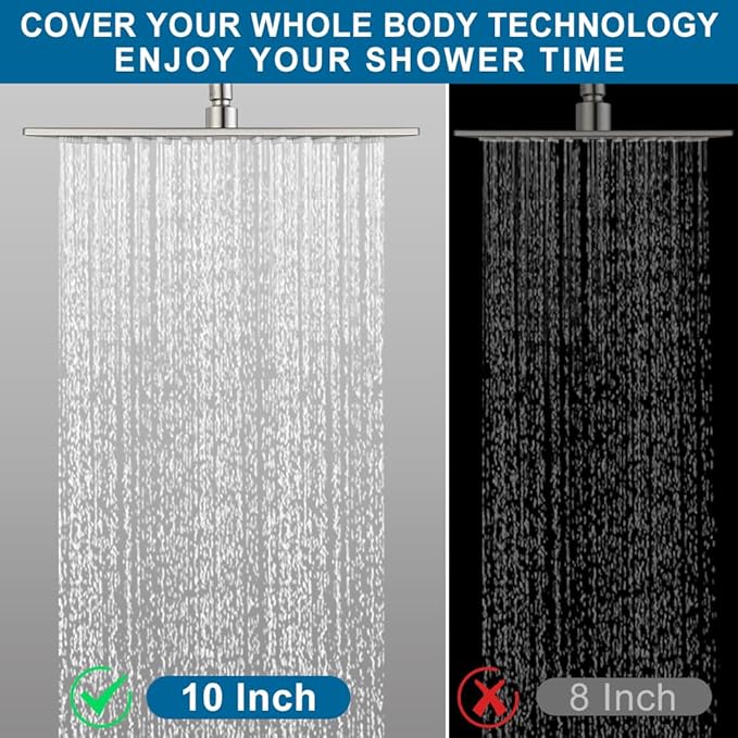 POP SANITARYWARE Shower Faucet Set Brushed Nickel Rainfall 10 Inch Shower Head and Handle Set Bathroom Rain Shower System Wall Mounted Shower Fixture Include Shower Valve and Trim Kit