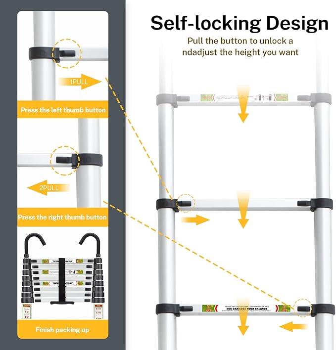 Telescopic Ladder, 8.5FT RIKADE Aluminum Telescoping Ladder with Non-Slip Feet and Stable Hook, Portable Extension Ladder for Household and Outdoor Working, 330lb Capacity