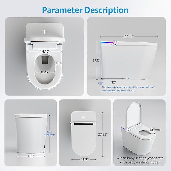 Tankless Smart Toilet with Bidet Built In, Heated Seat, Warm Water and Dry, Bidet Toilet with Foot Sensor and Night Light, Auto Flush, Auto Open/Close Lid, Wireless Remote, 1000g MAP Flush, 1.08GPF