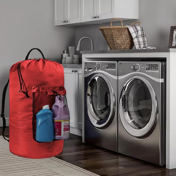 Laundry Bag with Shoulder Straps and Mesh Pocket Laundry Backpack Large Portable Laundry Hamper for College Laundromat Apartment (Red)