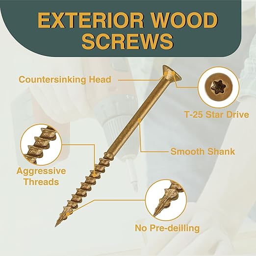 T.K.Excellent Deck Screws 3 Inch Wood Screws Outdoor #10 x 3, 315 Pcs, Rust Resistant Structural Fence Screws Torx Drive Screw, for Gazebos or Siding, Two T25 Bits, Brilliant Brown/Tan Ruspert Coating