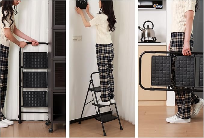 3-Step Ladder Folding Step Stool with Anti Slip Pedal and Handgrip Portable Sturdy Ladder for Home & Office 330 Lbs Black1