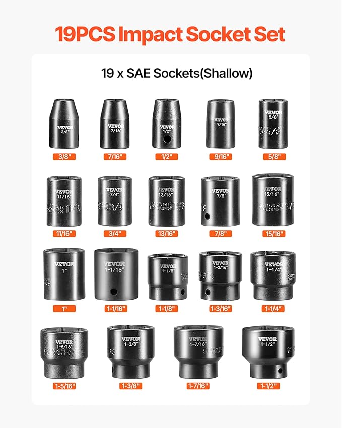 VEVOR Impact Socket Set 1/2 Inches 19 Piece Impact Sockets, 1/2 Inches Drive Socket Set Impact 6-point Hex Sockets Standard SAE (3/8 Inches to 1-1/2 Inches) Standard Socket Assortment
