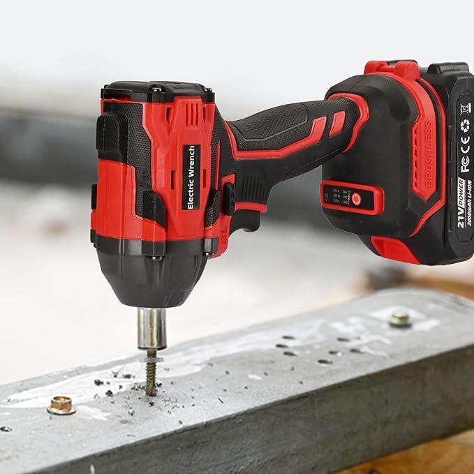 300N.m Cordless Impact Wrench, 21V Torque Power Impact Driver, 1/2" Brushless Impact Gun with 2*2.0Ah Batteries with 19 Accessories, Electric Impact Motor Variable Speeds for home installation (red)