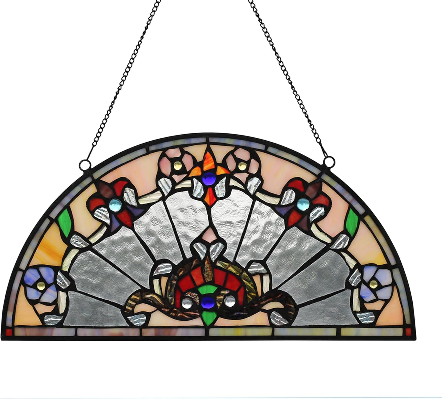 YOURANJU Half Moon Stained Glass Window Hanging Tiffany Style 16" x 8" Half-Round Window Panel Housewarming Gift Living Room Bedroom Kitchen Window Decorative Hangings with Chain (Baroque)