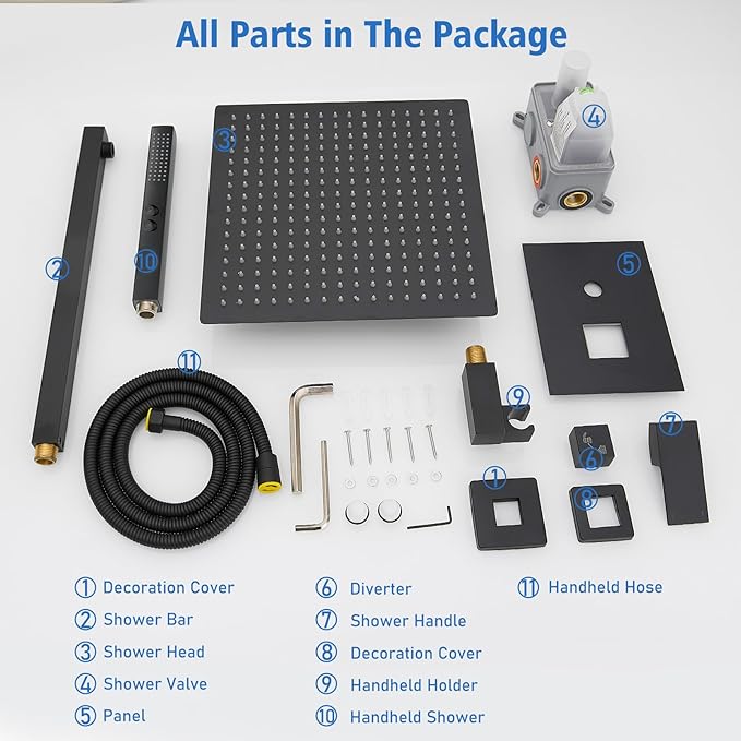 RUMOSE Matte Black Rainfall Shower System Fixture 12 Inch High Pressure Square Shower Head with 2 in 1 Handheld Spray Wall Mount Brass Bathroom Shower Faucet Set with cUPC Certified Rough-in Valve