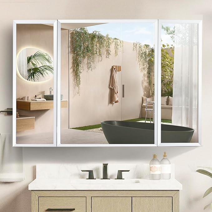 Movo Double Doors Medicine Cabinet with Mirror, 36 inch X 26 inch Aluminum Bathroom Medicine Cabinet, Adjustable Glass Shelves, Waterproof and Rust-Resist, Recess or Surface Mount Installation,Silver