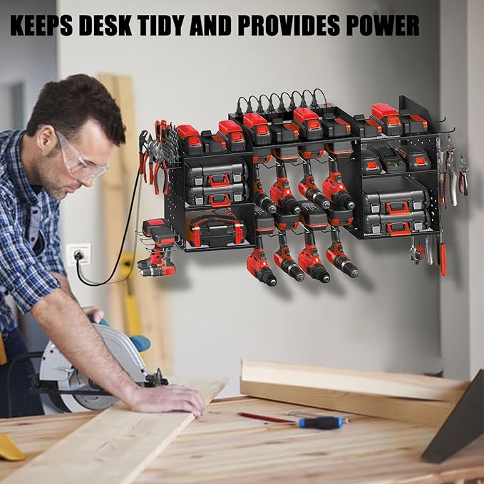 Power Tool Organizer Wall Mount with Charging Station, 10 Drill Holder Wall Mount, 3-Tier Adjustable Cordless Tool Organizer with 8 Hooks, screwdriver holder, Drill Bit Rack, Top Husband Gifts