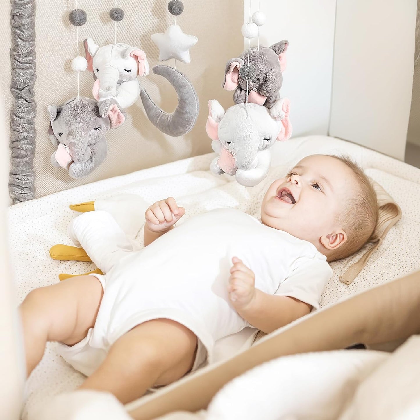 Baby Crib Mobile - Elephant Crib Mobile for Girls with 25 Inches Mobile Arm and 35 Lullabies Musical Box, 3 Modes Digital, Volume Control, Essential Gift for Infant Bedroom Hanging Decor