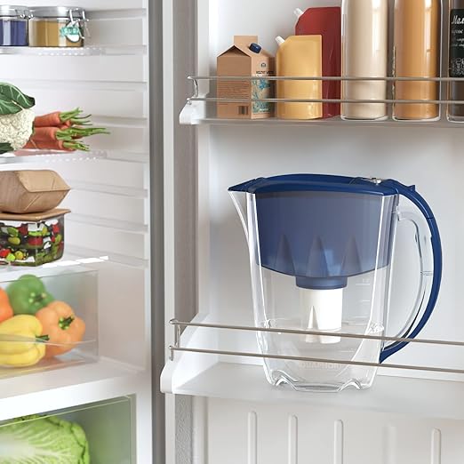 AQUAPHOR Ideal 7-Cup Water Filter Pitcher - Dark Blue with 3 x B15 Filters - Fits in The Fridge Door - Reduces Limescale and Chlorine - Ideal for Seven Cups